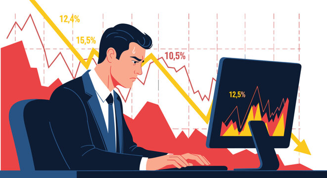 Stressed businessman looking at a computer screen showing falling stock market charts and negative financial graphs.