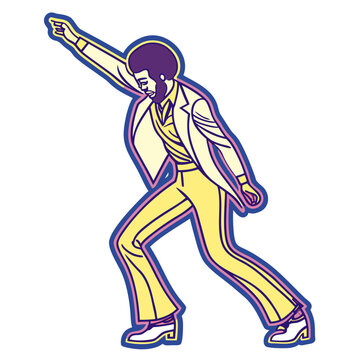 Disco dancer pointing up on white background.