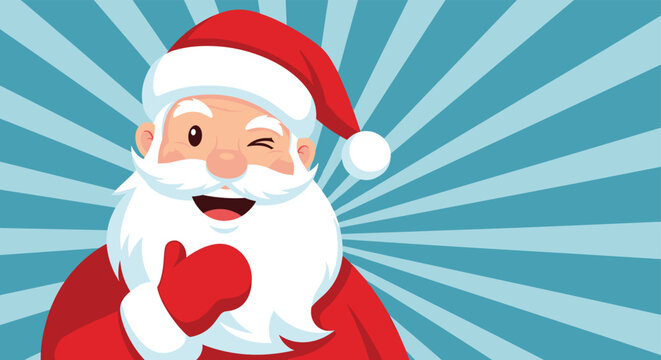 Close-up of a happy Santa Claus winking and smiling on a blue and white sunburst radial background.