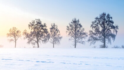 Fototapeta premium A scenic panoramic shot of a snowy field with five bare trees in a row under a pastel sky. Cold, serene, and natural