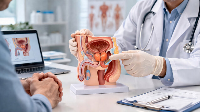 Photorealistic medical education scene: clinician demonstrating digital rectal exam concept using a neutral anatomical pelvic/prostate model on a clinic desk