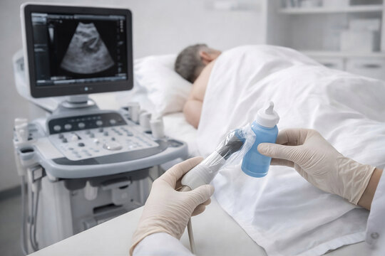Photorealistic medical education scene: clinician demonstrating digital rectal exam concept using a neutral anatomical pelvic/prostate model on a clinic desk