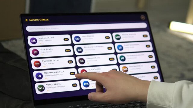 Explore spiritual guidance with this high-quality footage of a psychic directory. User chooses a tarot reader or astrologer on a modern website. Perfect for holistic lifestyle, wellness, and mystical