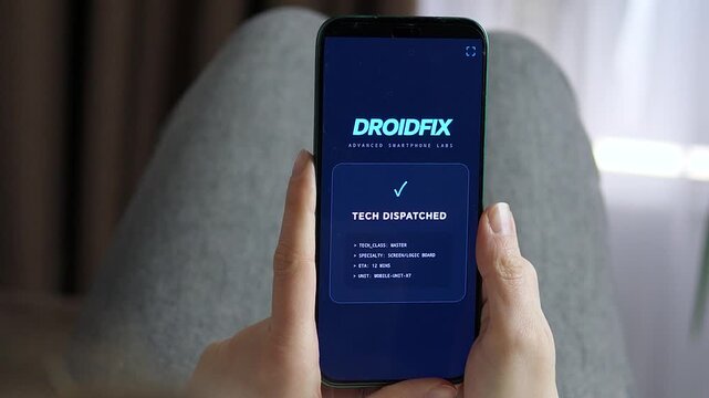 High-quality footage of a professional repair app interface. The screen confirms a master technician is on the way for urgent smartphone maintenance. Perfect for advertising apps, tech services, and
