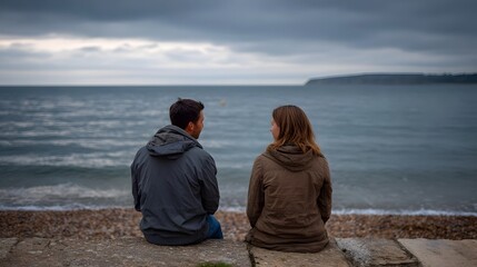 Fototapeta premium Two friends sit overlooking the dramatic sea sharing a moment of quiet connection on the rugged coastline