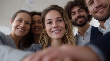 Obraz premium A diverse group of smiling professionals gathers together symbolizing successful teamwork and positive collabo n during a strategic meeting