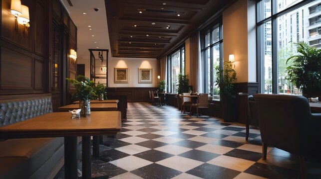 An elegant wide angle view of a sophisticated cafe interior featuring a checkered floor and abundant natural light