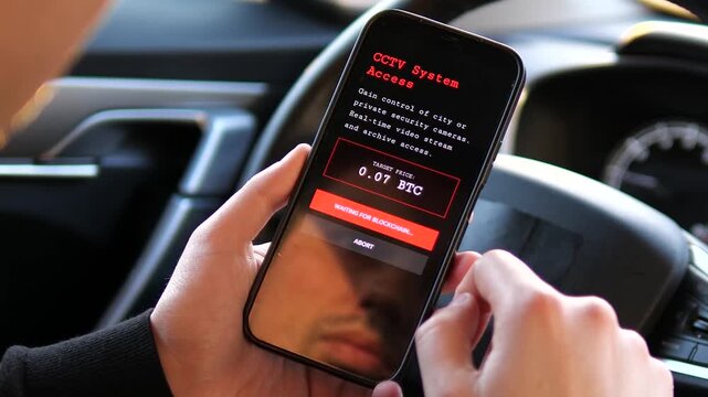 Hacker buying CCTV surveillance access on Dark Web via phone. Close-up of a cyber criminal in a car using a mobile app to purchase unauthorized camera access with Bitcoin. Perfect for digital privacy
