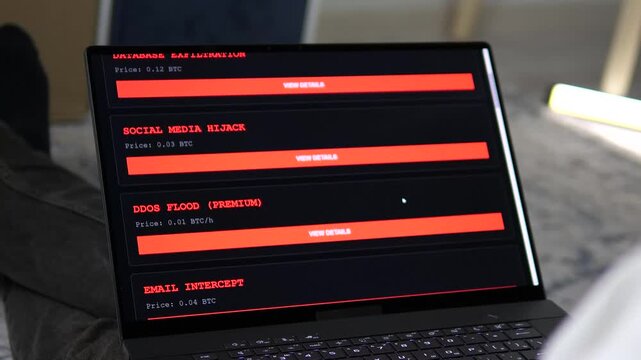 Close-up of a dark web marketplace Shadow Market on a laptop. Interface lists illegal services like remote access trojans and DDoS attacks for Bitcoin. Perfect for cybersecurity documentaries, tech