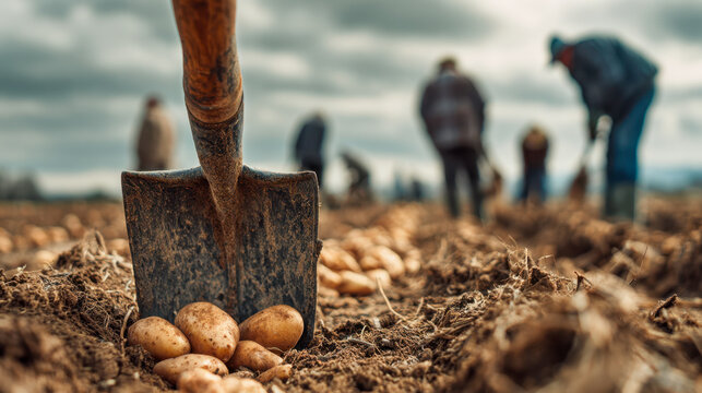 Farmers harvesting fresh potatoes in a field using a shovel with workers bent over gathering crop in the background under a cloudy sky on a rural farm