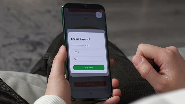 Fast and secure online payment process for food delivery. User confirms pizza order and enters payment info on a sleek mobile interface. Great for business, banking, and lifestyle content showcasing