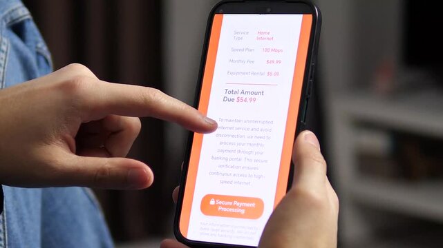 Person paying internet bill via secure smartphone application. High-quality footage of a secure transaction on a mobile app. Shows bill details, processing screen, and payment success. Perfect for