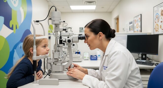 Female doctor examines young girl's vision in a bright medical clinic