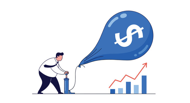 Businessman using a manual pump to inflate a large blue balloon with a dollar sign symbol representing economic inflation or financial growth.