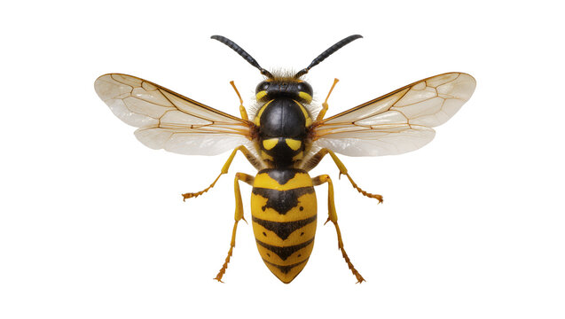 Detailed yellow and black wasp with transparent wings, isolated on transparent background