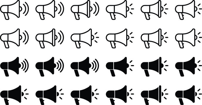 Collection of megaphone icons in various styles for communication and announcement with megaphone