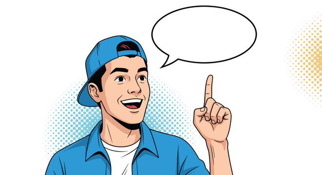 Young man wearing a blue baseball cap points his finger up toward an empty white speech bubble in a colorful pop art illustration.