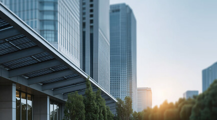 Fototapeta premium Contemporary corporate building features integrated solar panel canopy beside lush urban city towers.