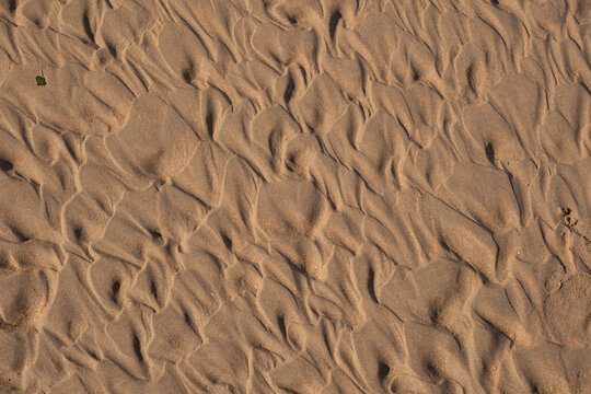 Natural wet sand texture with ripple patterns after low tide. Abstract sandy beach background.