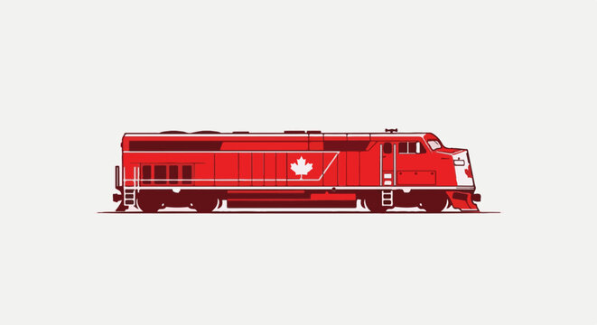 A stylized red train engine with a white maple leaf emblem