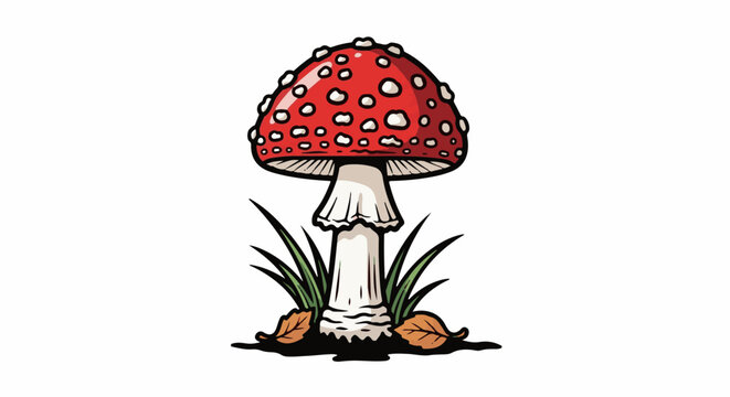 A vibrant red mushroom with white spots stands tall amidst green grass and fallen leaves