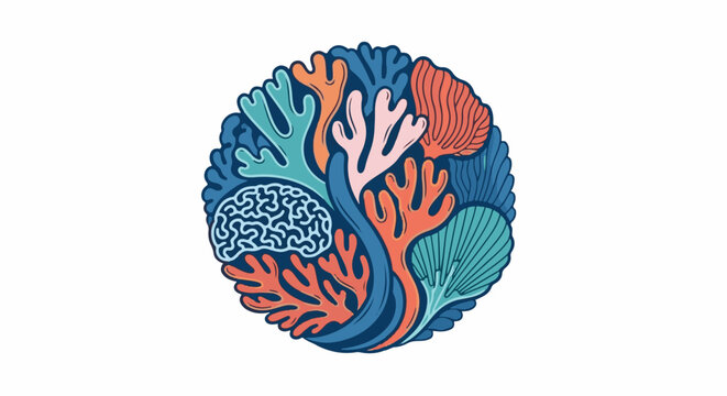 Abstract circular composition of diverse marine life and a brain