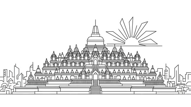 Black and White Drawing of Borobudur Temple at Sunrise