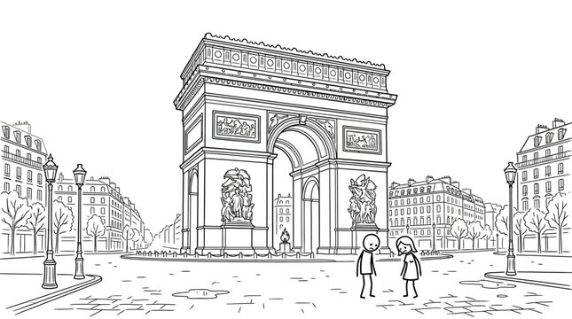 Black and White Cartoon of Arc de Triomphe in Paris