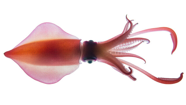 Translucent pink and orange squid with tentacles, isolated on transparent background