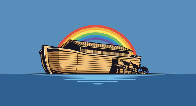 A wooden ark with a rainbow above and animals boarding in silhouette