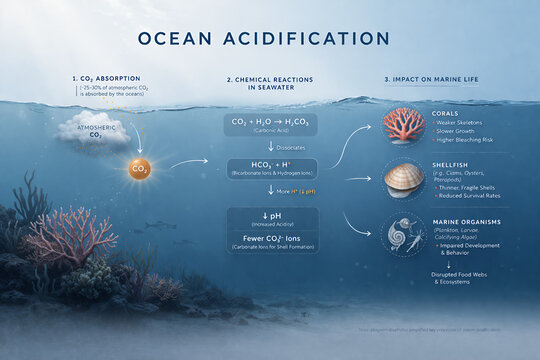 Ocean Acidification Process CO2 Impact on Marine Life Infographic