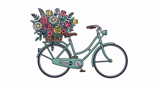 A vintage bicycle carries a basket overflowing with vibrant spring flowers