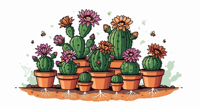 A whimsical collection of potted cacti in full bloom with tiny bees flitting around