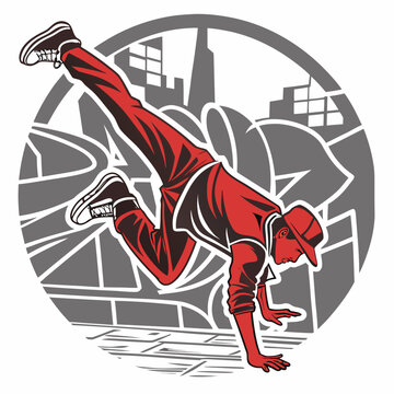 Bboy dancing in front of city skyline silhouette.