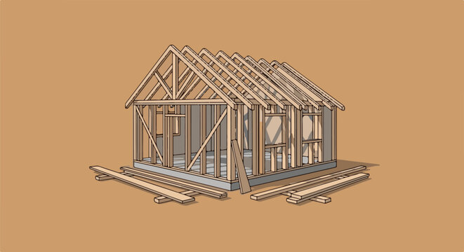A wooden house frame under construction, with lumber scattered