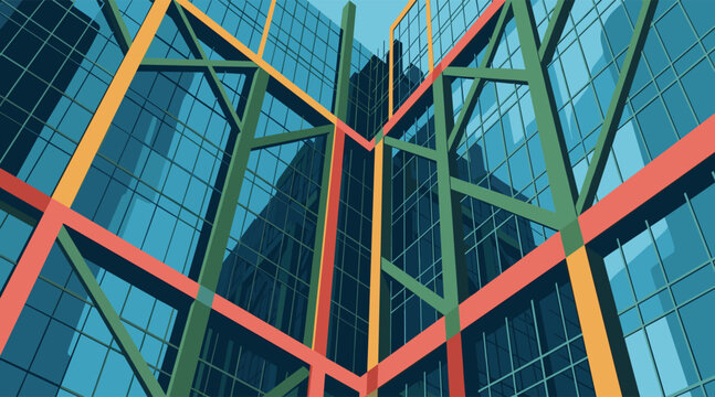 Glass office building with colorful steel framework and reflections