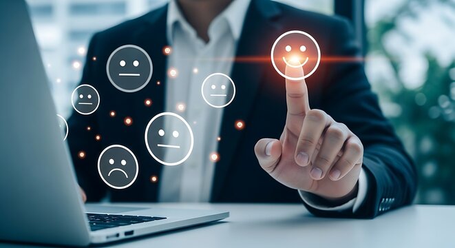Digital sentiment analysis man interacting with emotional feedback interface on laptop