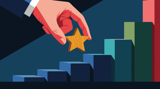 Hand placing star on ascending bar chart representing growth