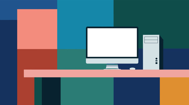 Desktop computer standing idle on modern geometric desk