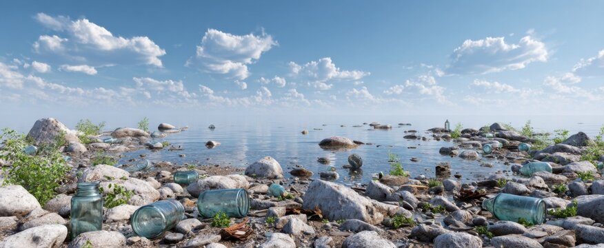 Shoreline strewn with glass jars reflects marine pollution's tragic impact on nature's beauty.