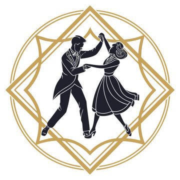 Elegant dancing couple in frame with geometric ornament.