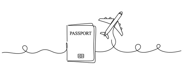 Naklejka na ściany i meble Passport and airplane connected by continuous line on white background. No editable stroke