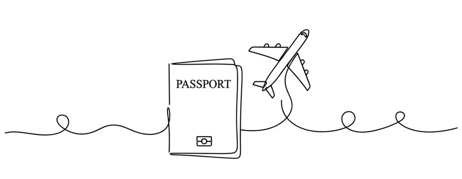 Passport and airplane connected by continuous line on white background. No editable stroke