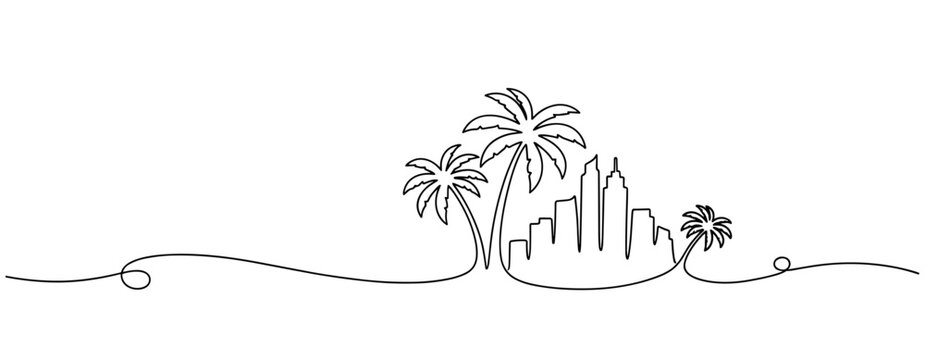 Palm trees framing city skyline on small tropical island silhouette. No editable stroke