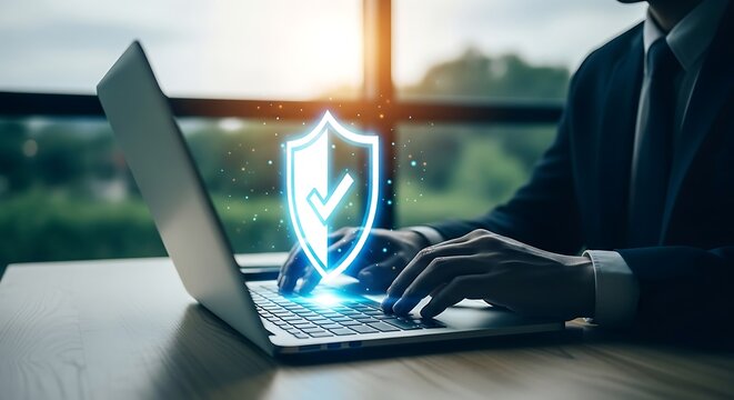 Cybersecurity concept a glowing shield icon displayed on a laptop representing digital protection