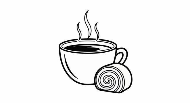A steaming mug of coffee sits beside a swirled pastry