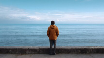 Fototapeta premium A solitary figure stands on a concrete wall contemplating the vast expanse of the ocean and sky