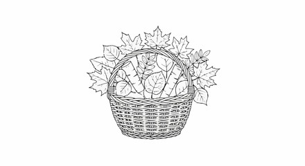 Obraz premium A woven basket overflows with autumnal leaves in a line drawing
