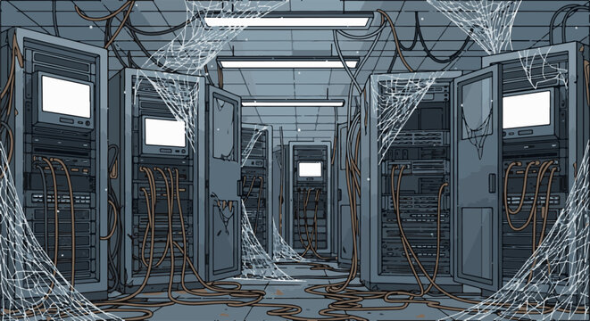 Abandoned server room filled with dusty computer racks and thick spiderwebs