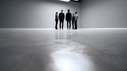 Obraz premium A professional team stands in a large expansive minimalist indoor studio with a polished concrete floor